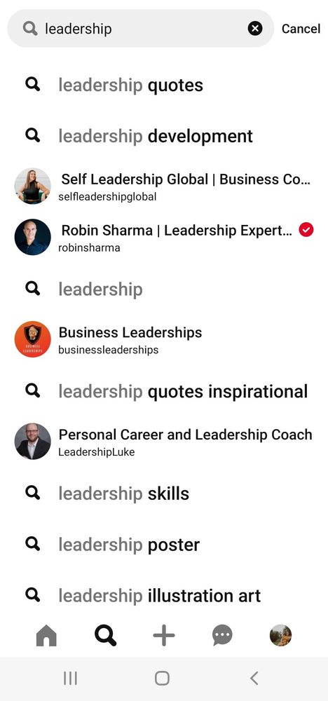 An example of the Pinterest search bar searching up Leadership topics