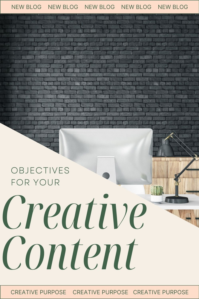 Objectives for your creative content. A desk top computer on a desk with a black lamp.