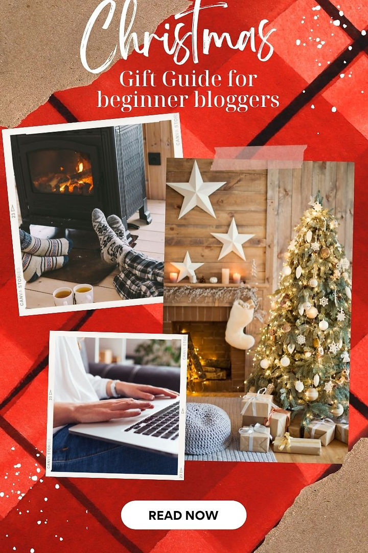 Gifts that you can buy that aspiring blogger in your life.  A photo that has brown and red wrapping paper with an image of a fireplace, a decorated Christmas tree and a computer on someone's lap.